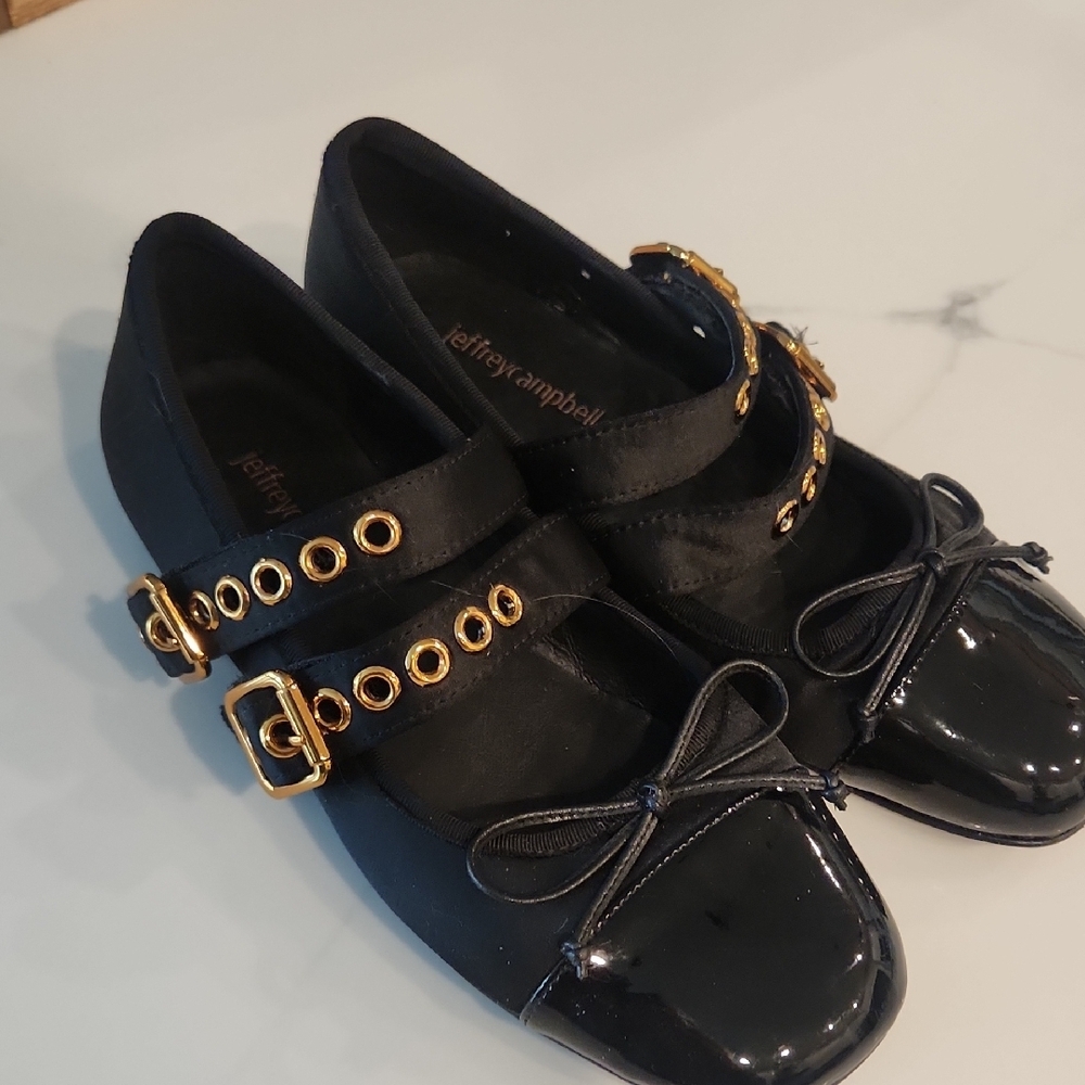 Jeffrey Campbell Black and Gold Buckle Flats